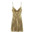 Detailed view of a metallic gold slip dress featuring a cowl neck and satin sheen. - XS / Dresses / Gold