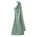 Close-up detail of a sage green halter neck satin dress featuring an elegant drape and scarf - S / Dresses / Green