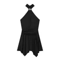 Close-up detail of a black halter neck mini dress with flared skirt and silver buckle - S / Dresses / Black