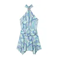 Detail view of the halter neck and abstract blue swirl pattern of this summer mini dress. - S / Dresses / Blue