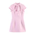 Fashionable light pink mini dress featuring a front cutout and a delicate bow tie - XS / Dresses / Pink