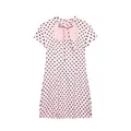 Detail view of pink polka dot dress featuring a cutout back with a decorative bow tie. - Pink Polka Dot