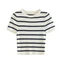 Detailed front view of a women's black and white striped short sleeve cropped T-shirt. - S / Tops / Black