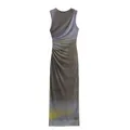 Elegant sleeveless ruched mesh midi dress with a unique gradient print and side pleats. - Gradient Grey