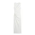 Vista detallada de un elegante vestido midi blanco sin mangas con drapeado lateral fruncido. - XS / Vestidos / Blanco
