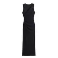Detailed view of the elegant side ruching on a minimalist black sleeveless midi dress - Black