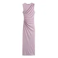 Vista detallada del vestido midi de malla lila sin mangas con elegante drapeado lateral - XS / Vestidos / Rojo Oscuro