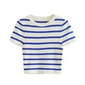 Detailed view of women's blue and white striped cropped t-shirt with classic crew neck - S / Tops / Blue