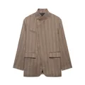 Front view of a brown plaid blazer featuring a unique asymmetrical wrap and stand collar - XS / Tops / Brown Plaid
