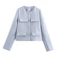 Elegant light blue short tweed-style jacket with four pockets and gold buttons for women - Light Blue