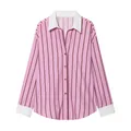 Full front view of a pink and red striped women's shirt with white contrast collar and cuffs - XS / Tops / Pink Stripe
