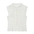 Elegante top smanicato in pizzo bianco con colletto alla coreana e bottoni alamari - XS / Top / Bianco