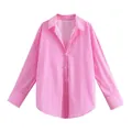 Detailed view of pink and white vertical striped satin texture shirt with classic collar - Pink Stripe