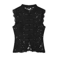 Vista dettagliata di un elegante top senza maniche in pizzo nero con bottoni cinesi tradizionali - XS / Top / Nero