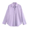 Purple and white vertical striped long sleeve blouse in smooth satin-like texture - Purple