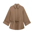 Élégante chemise marron à manches longues avec col à revers et cordon de serrage femme - XS / Hauts