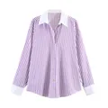 Close-up of purple and white striped long sleeve shirt with white collar and cuffs. - XS / Tops / Light Purple Stripe