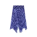 Detailed view of the blue plaid irregular flared skirt with an asymmetrical handkerchief hem - XS / Bottoms