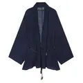 Detailed view of navy blue crinkle-textured semi-sheer kimono jacket with beaded tie - XS / Top (4387333)