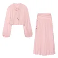 Pink two-piece fashion set featuring a ruffled oversized top and matching maxi skirt - XS / Set / Pink
