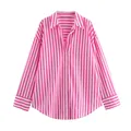 Front view of pink and white vertical striped long-sleeve shirt with lapel - XS / Tops / Pink