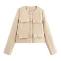 Close-up of elegant beige cropped tweed jacket with round neck and gold-tone buttons - Khaki