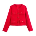 Vista frontal de una chaqueta corta de tweed roja con botones dorados decorativos. - XS / Tops / Rojo
