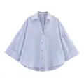 Classic blue and white vertical striped wide-sleeve button-down shirt for women size S - Blue Striped