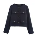 Front view of a navy blue short tweed jacket featuring elegant gold buttons and pockets. - Navy Blue