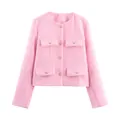 Elegant pink tweed-style short jacket with gold buttons and four pockets for women. - Pink