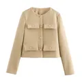 Elegante blazer corto de tweed caqui para mujer con botones dorados y bolsillos - XS / Tops / Caqui Oscuro