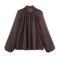 Elegant brown polka dot blouse with gathered high neck and long sleeves for women - XS / Tops / Brown