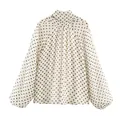 Elegant white polka dot long sleeve blouse with high neck and puff sleeves detail view - XS / Tops / Beige