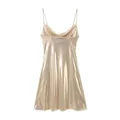 Sexy champagne gold metallic finish spaghetti strap mini dress with elegant cowl neck - Champagne