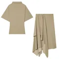 Elegant two-piece set featuring semi-high collar top and asymmetrical draped khaki skirt - S / Top And Bottom / Khaki