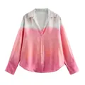 Detail view of a trendy pink gradient tie-dye shirt featuring silky satin texture fabric - XS / Tops / Pink Tie-dye Shirt