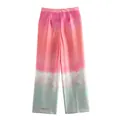 Detailed view of summer tie-dye print satin straight-leg pants with pink gradient - XS / Bottoms / Pink Tie-dye Pants