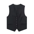 Front view detail of a dark gray linen blend V-neck waistcoat for women. - XS / Tops / Black