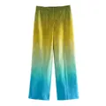 A close-up shot showing the gradient fabric texture of these satin straight-leg pants - XS / Bottoms / Blue Tie-dye Pants