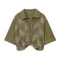Olive green cropped shirt featuring white botanical leaf embroidery on the front. - XS / Tops
