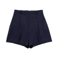 Detailed front view of women's navy blue linen blend high-waisted wide-leg shorts - XS / Bottoms / Navy Blue