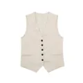 Premium linen-blend vest featuring a deep V-neck and five decorative black buttons - XS / Tops / Beige