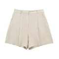 Beige high-waisted linen blend shorts for women with pleated front design - XS / Bottoms / Beige