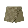 Detailed front view of olive green wrap shorts featuring white botanical leaf embroidery - XS / Bottoms