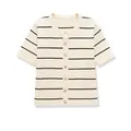 Detail view of the striped knit cardigan with premium gold buttons and round neck. - S / Tops / Beige Stripes