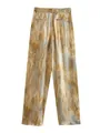 Elegant tie-dye marble print straight-leg trousers featuring a premium satin texture - XS / Bottoms