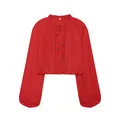Detailed view of red oversized blouse with ruffled wood ear collar and tie front - XS / Tops / Red