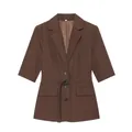 Elegant brown half-sleeve blazer jacket featuring a belted waist and classic notched lapels - XS / Tops / Brown
