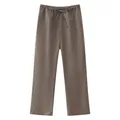 Vista dettagliata dei pantaloni a gamba dritta con coulisse taupe da donna per l'estate. - XS / Pantaloni e gonne / Kaki