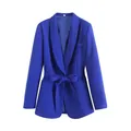 Blazer chic bleu roi à col châle doté d'une ceinture à nouer avec nœud élégant - XS / Hauts / Bleu